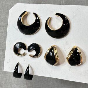 Four Vintage Black and Gold 80s Earrings Trifari, Monet, Napier